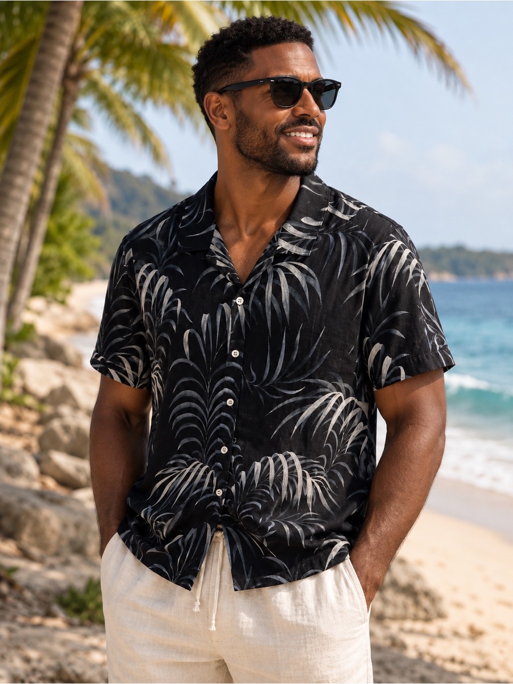 Vintage Tommy Bahama Black and Gray Palm-Print Short-Sleeve Button-Down Shirt